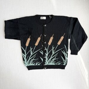 vtg Kingdom Collections cattails ducks loons black cardigan‎ sweater